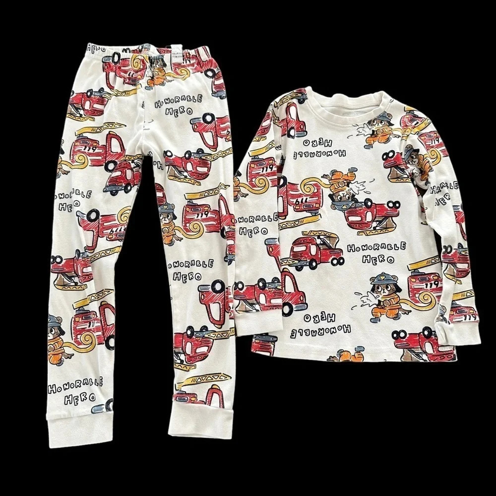 MayKids Size‎ 6 Unisex Honorable Hero Firetruck Pajamas PJ Set Sleepwear Dog Cat